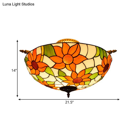 Colorful Stained Glass Flower Ceiling Fixture With 5 Tiffany Style Lights - Pink/Yellow/Blue Semi