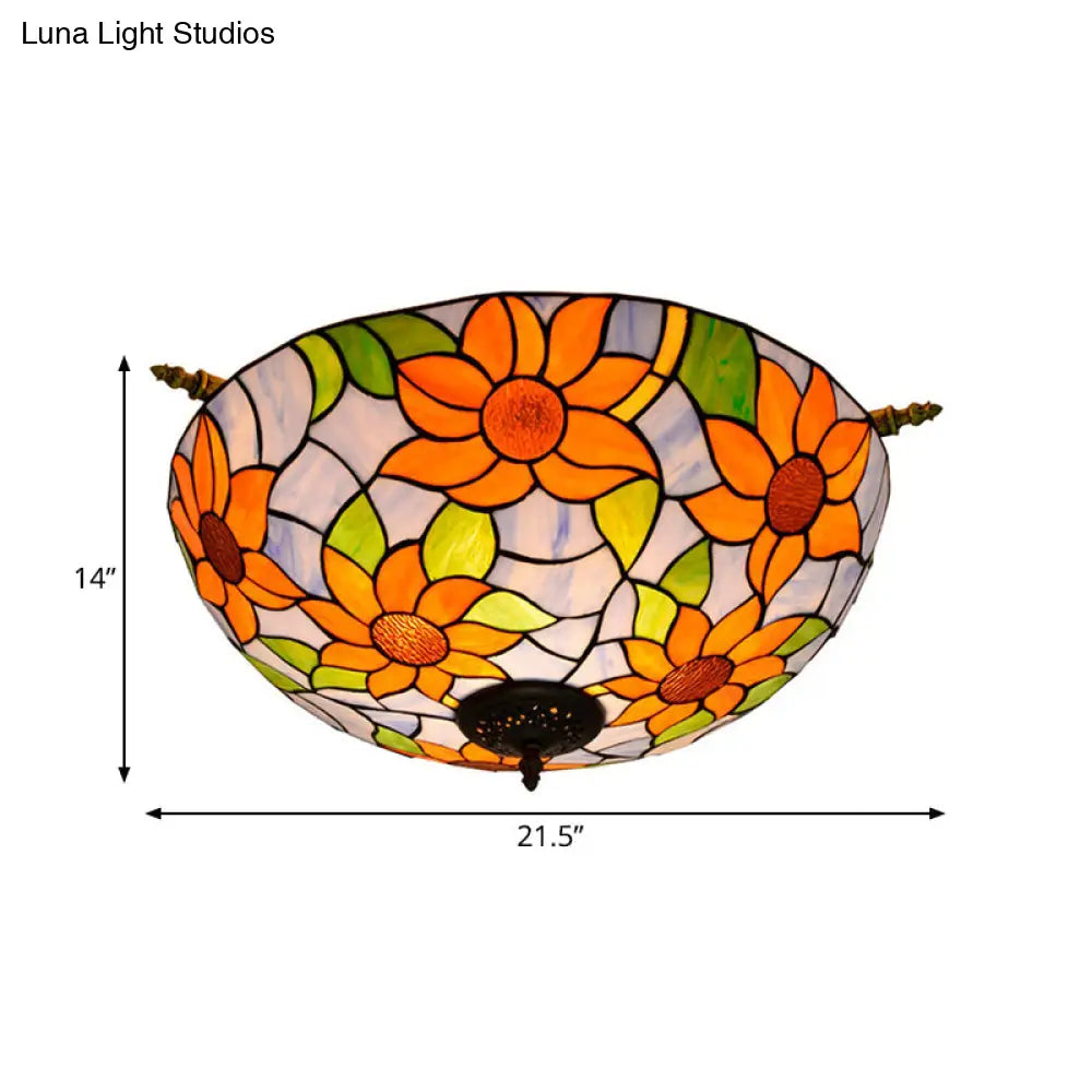 Colorful Stained Glass Flower Ceiling Fixture With 5 Tiffany Style Lights - Pink/Yellow/Blue Semi