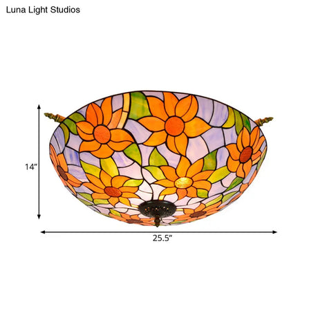 Colorful Stained Glass Flower Ceiling Fixture With 5 Tiffany Style Lights - Pink/Yellow/Blue Semi