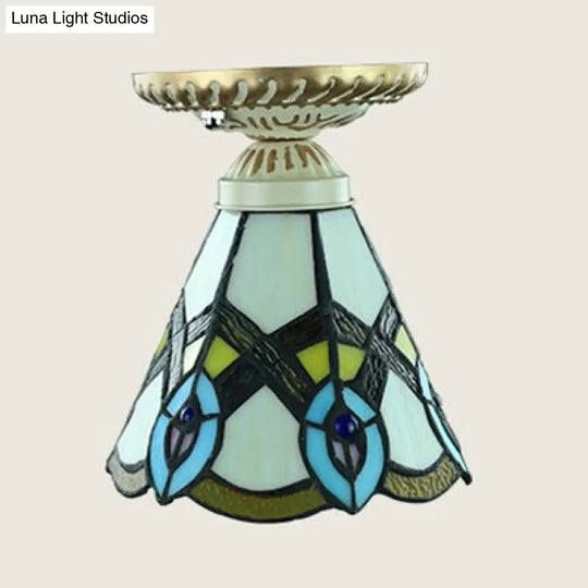 Colorful Stained Glass Flush Mount Ceiling Light With Tiffany-Inspired Sunflower Peacock Tail And