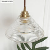 Cone Clear Ribbed Glass Pendulum Light: Minimalist 1-Light Suspension Lamp In Brass For Dining Table