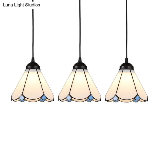 Cone Multi Ceiling Light - 3 Bulbs White Glass Tiffany Style Suspension Lighting