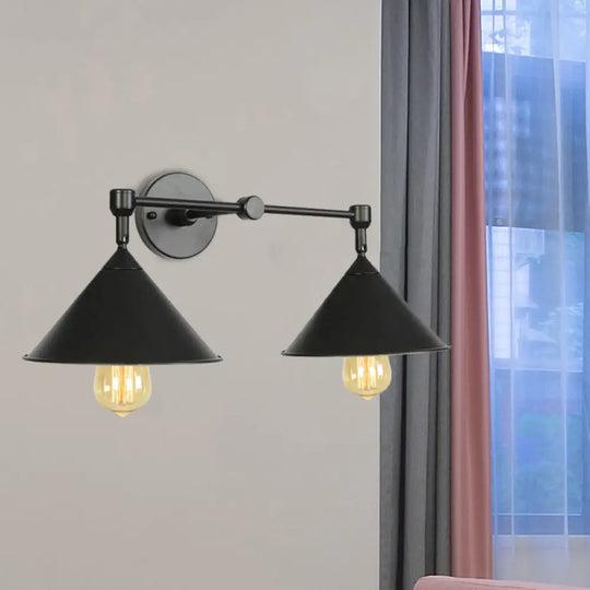 Cone-Shaped Antique Two-Light Metal Wall Sconce Lamp For Living And Dining Rooms Black