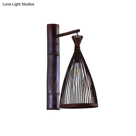 Conic Bamboo Wall Lamp - Dark Brown 1 Head Mounted Light For Kitchen