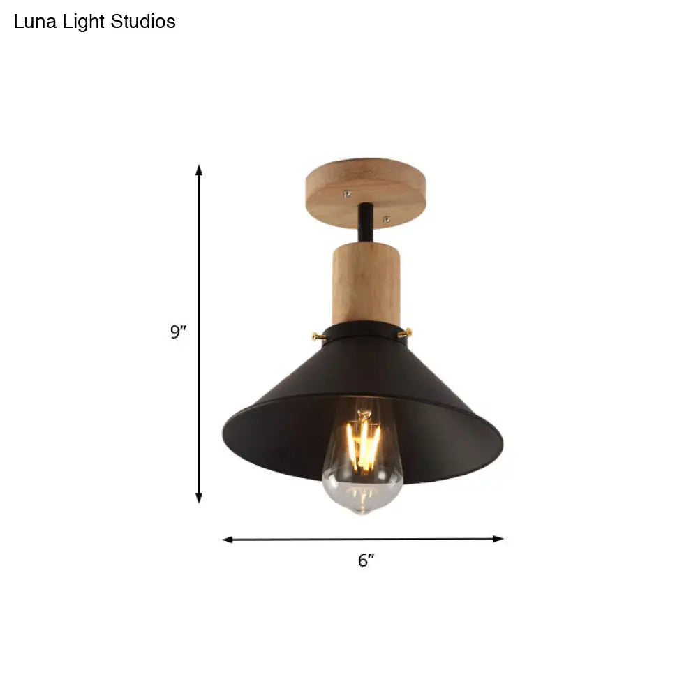Conic Metal Semi-Flush Mount Foyer Ceiling Light With Wooden Canopy - Loft Style 1 Bulb 8/10 Wide