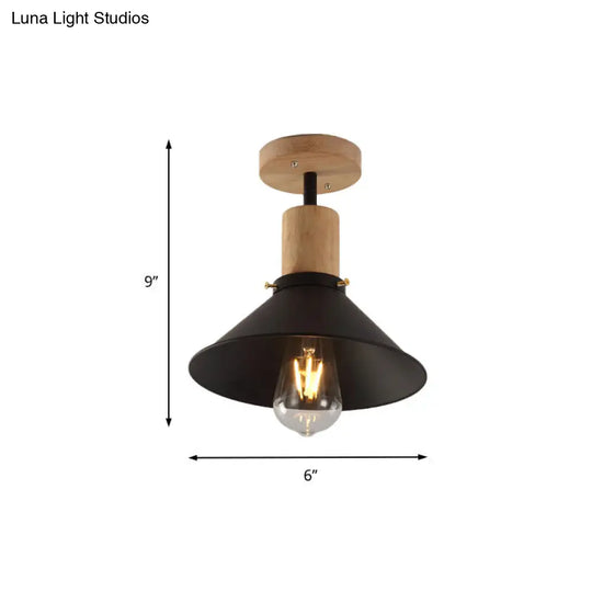 Conic Metal Semi-Flush Mount Foyer Ceiling Light With Wooden Canopy - Loft Style 1 Bulb 8/10 Wide