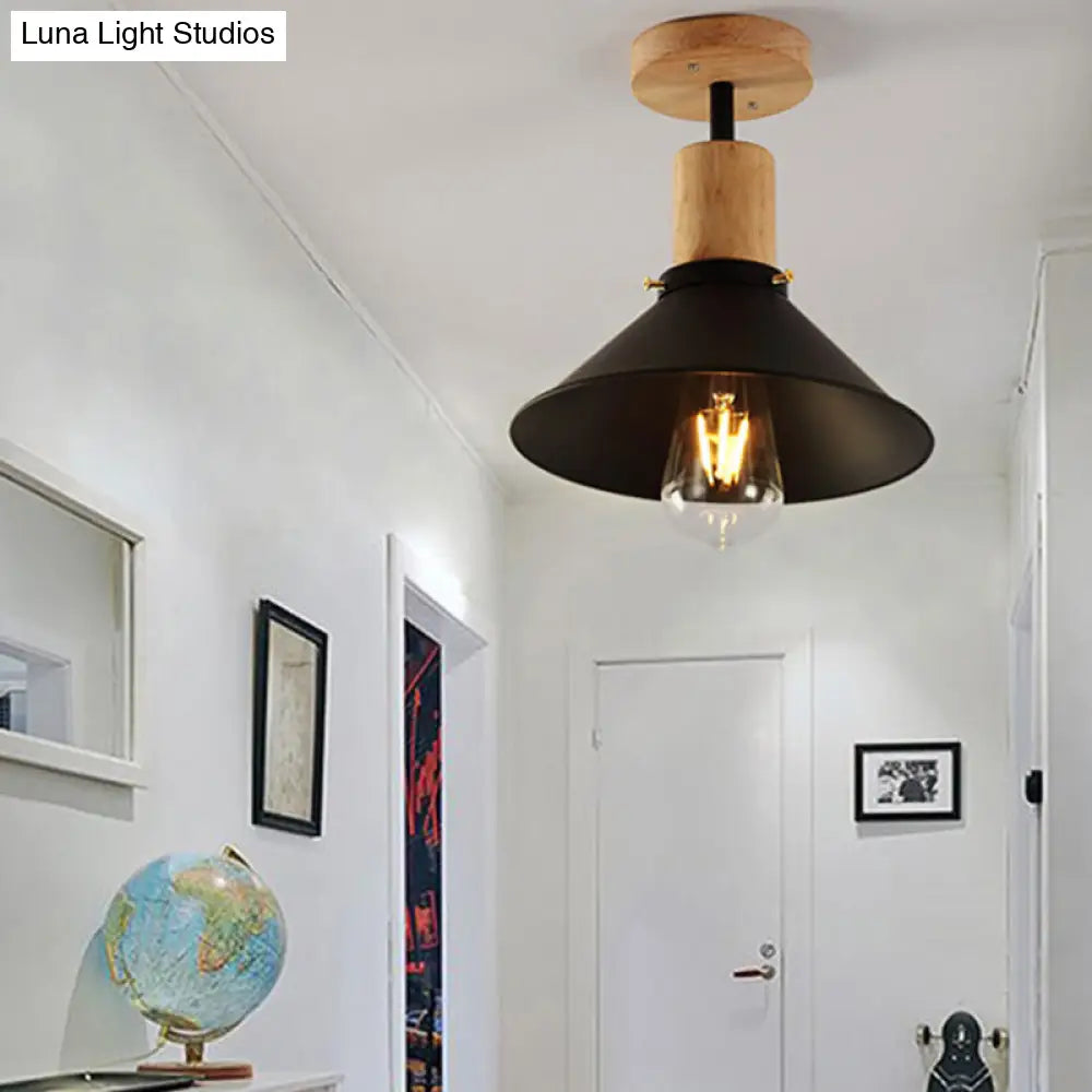 Conic Metal Semi-Flush Mount Foyer Ceiling Light With Wooden Canopy - Loft Style 1 Bulb 8/10 Wide