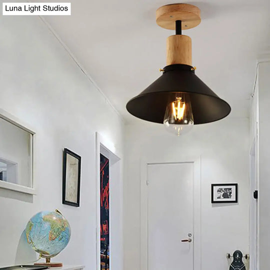 Conic Metal Semi-Flush Mount Foyer Ceiling Light With Wooden Canopy - Loft Style 1 Bulb 8/10 Wide