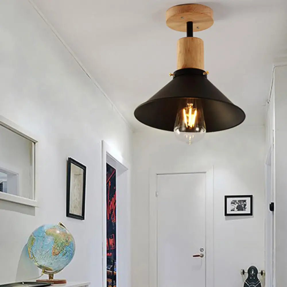 Conic Metal Semi-Flush Mount Foyer Ceiling Light With Wooden Canopy - Loft Style 1 Bulb 8’/10’