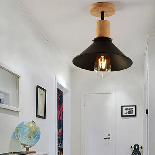 Conic Metal Semi-Flush Mount Foyer Ceiling Light With Wooden Canopy - Loft Style 1 Bulb 8’/10’