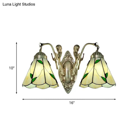 Conic Wall Mount Lamp With Double Mermaid Arm - White/Beige Glass Sconce Light Fixture