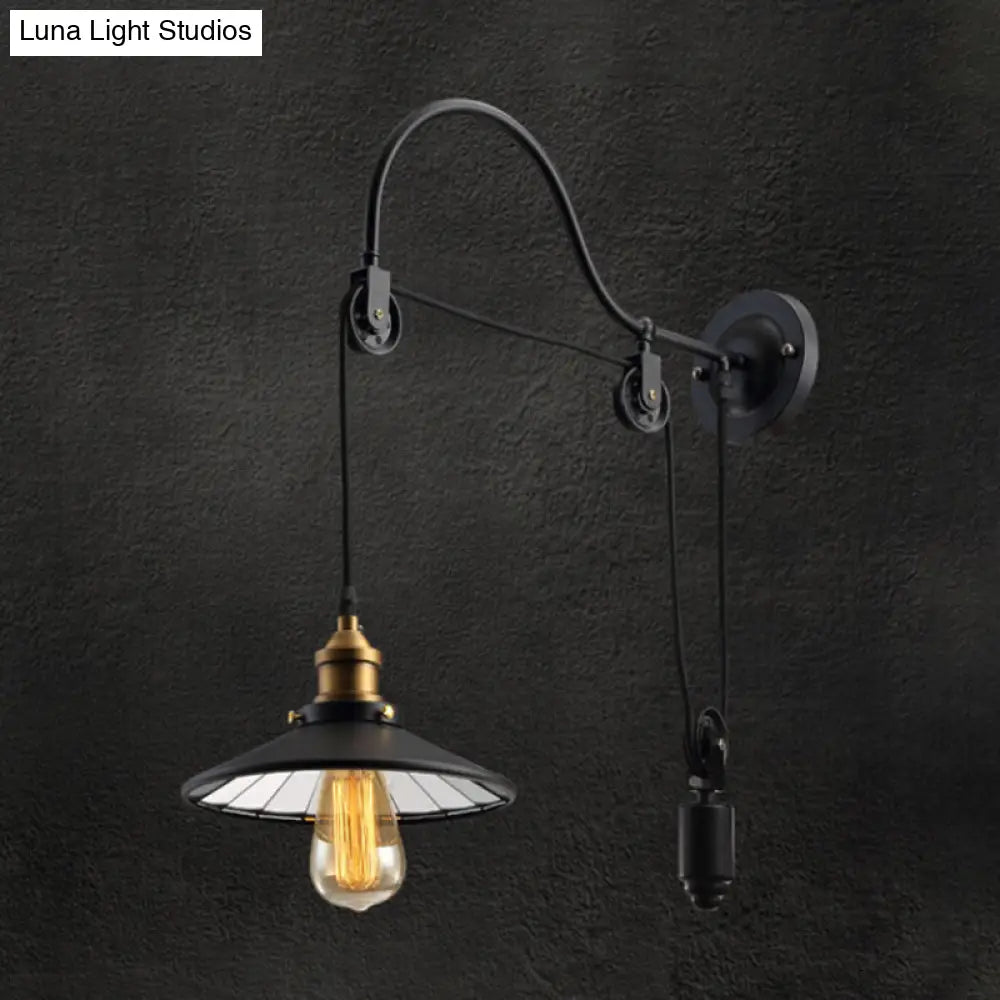Conical Bedside Pulley Wall Light - Industrial Metal Black Lamp With Gooseneck Arm