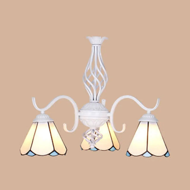 Conical Chandelier With Metal Chain & 3 Lights - Tiffany Stained Glass Foyer Lighting (White/Blue)