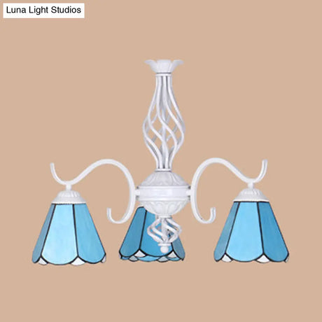 Conical Chandelier With Metal Chain & 3 Lights - Tiffany Stained Glass Foyer Lighting (White/Blue)