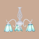 Conical Chandelier With Metal Chain & 3 Lights - Tiffany Stained Glass Foyer Lighting (White/Blue)
