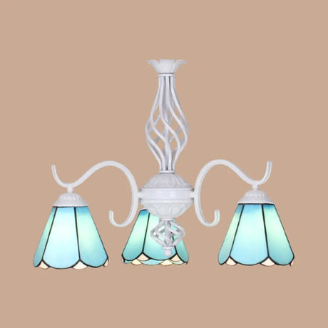 Conical Chandelier With Metal Chain & 3 Lights - Tiffany Stained Glass Foyer Lighting (White/Blue)