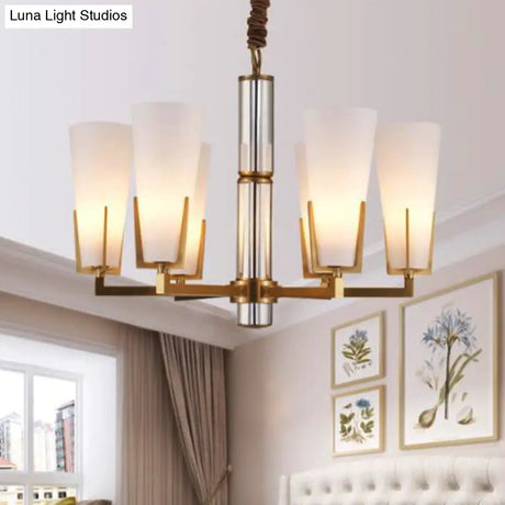 Conical Chandelier With White Opal Glass Pendant - 6/8 Heads Colonial Style Living Room Lighting