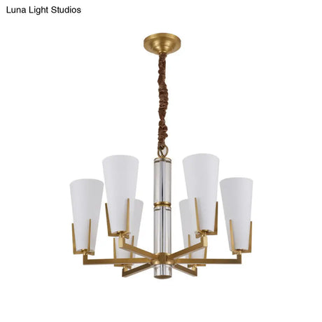 Conical Chandelier With White Opal Glass Pendant - 6/8 Heads Colonial Style Living Room Lighting