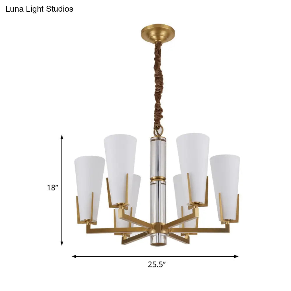 Conical Chandelier With White Opal Glass Pendant - 6/8 Heads Colonial Style Living Room Lighting