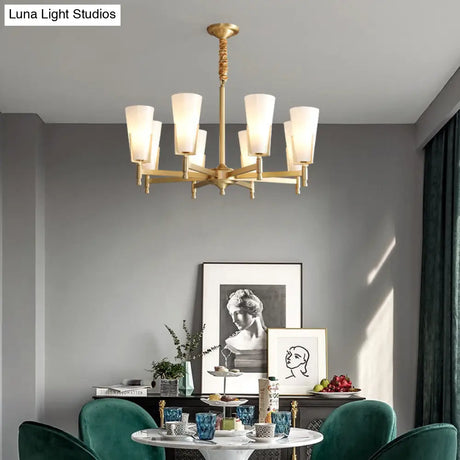 Conical Chandelier With White Opal Glass Pendant - 6/8 Heads Colonial Style Living Room Lighting