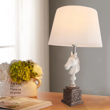 Conical Fabric Night Light With Horse Head Stand - Countryside Single Bedroom Table Lighting In