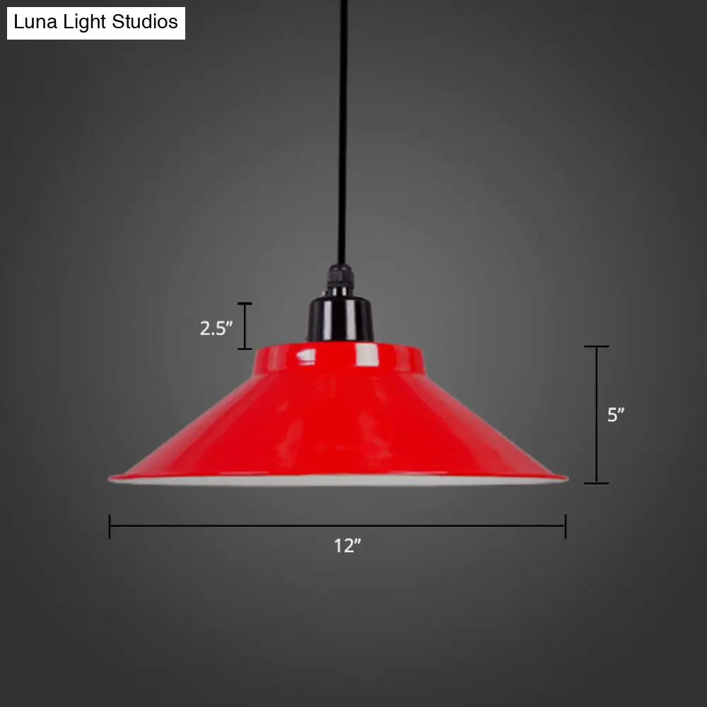Metal Conical Ceiling Lamp With Rolled Edge - Stylish Hanging Light Red / 12