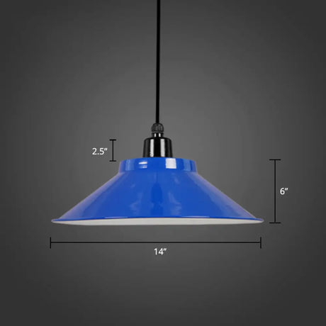 Conical Metal Hanging Light With Rolled Edge - 1-Light Ceiling Suspension Lamp For Loft Décor Blue