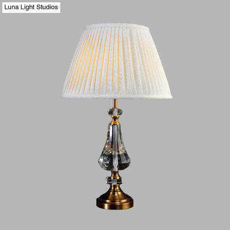 Conical Night Table Lamp - Cream Gray Fabric Crystal Base Sleek Design