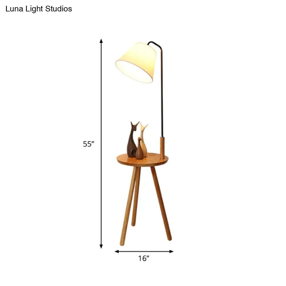 Conical Nordic Floor Lamp With Wood 3-Leg Stand And Table - Fabric Shade
