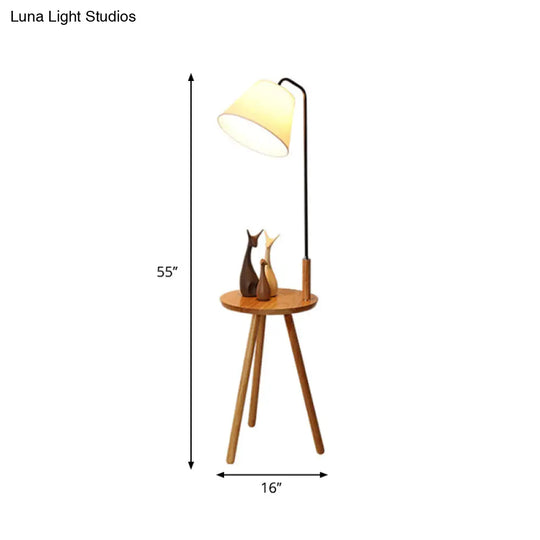 Conical Nordic Floor Lamp With Wood 3-Leg Stand And Table - Fabric Shade