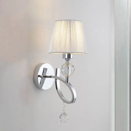 Conical Parlor Wall Lamp Fixture: 1-Light Classic Fabric Lighting With Crystal Drop In Chrome