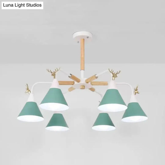 Conical Pendant Light With Antlers: Metal Design 6 Lights For Dining Room Or Kitchen