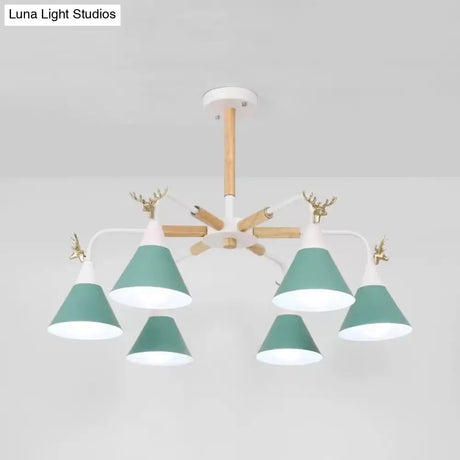 Conical Pendant Light With Antlers: Metal Design 6 Lights For Dining Room Or Kitchen