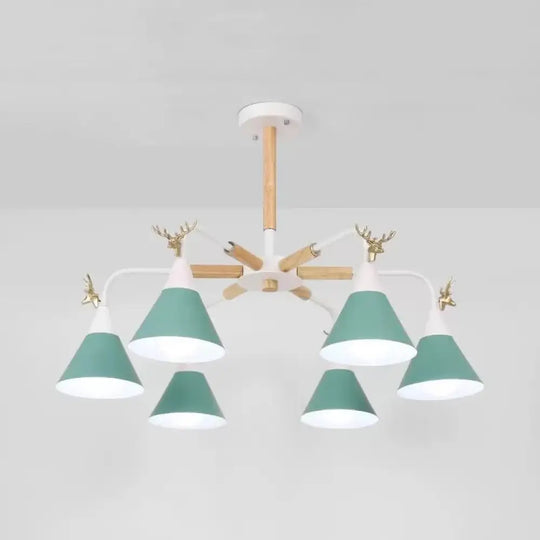 Conical Pendant Light With Antlers: Metal Design 6 Lights For Dining Room Or Kitchen Green