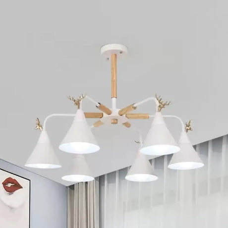 Conical Pendant Light With Antlers: Metal Design 6 Lights For Dining Room Or Kitchen White