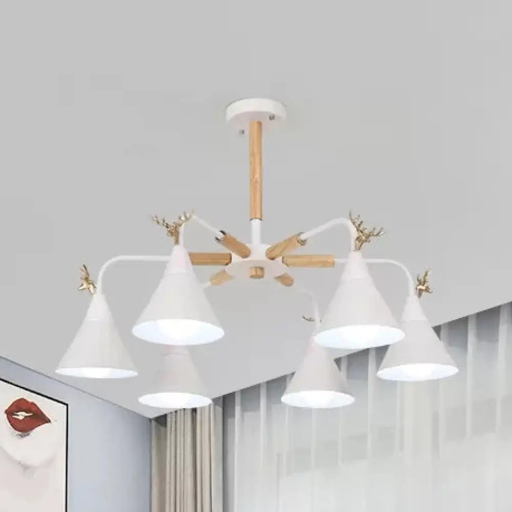 Conical Pendant Light With Antlers: Metal Design 6 Lights For Dining Room Or Kitchen White