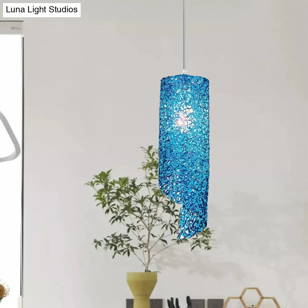 Cylinder Hanging Light With Silver Brown And Blue Finish - Contemporary Aluminum Wire Pendant