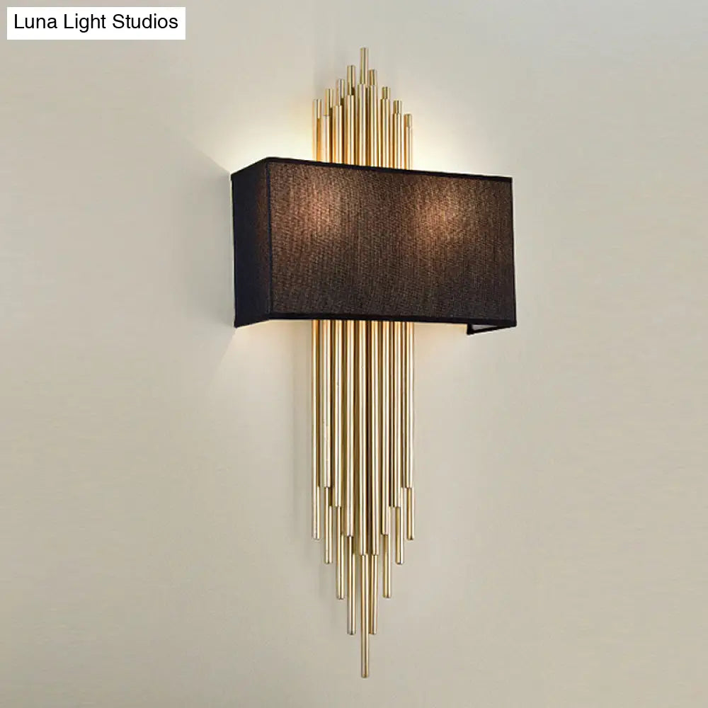 Contemporary 2-Head Fabric Shade Wall Sconce - Modern Rectangle Design In Black/White/Flaxen Ideal