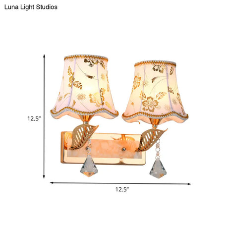 Contemporary 2-Head Wall Lamp In Gold Finish With Patterned Fabric Empire Shade