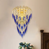 Contemporary 2-Light Brass Finish Wall Lamp With Tan/Blue Crystal Shade Blue