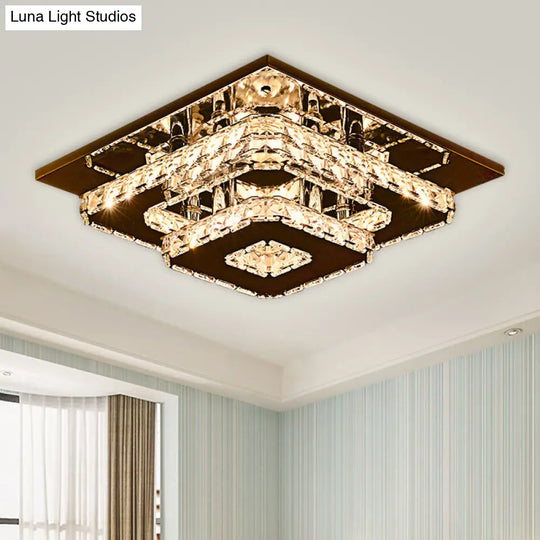 Contemporary 2-Tier Crystal Ceiling Fixture - 12/26.5 Wide Stainless-Steel Led Flush Mount Lighting
