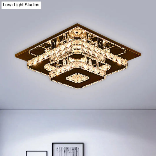 Contemporary 2-Tier Crystal Ceiling Fixture - 12/26.5 Wide Stainless-Steel Led Flush Mount Lighting