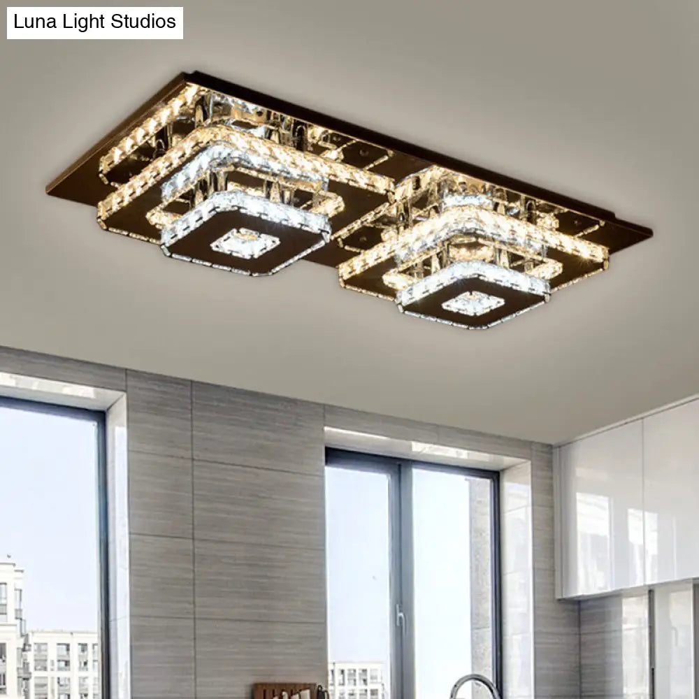 Contemporary 2-Tier Crystal Ceiling Fixture - 12/26.5 Wide Stainless-Steel Led Flush Mount Lighting