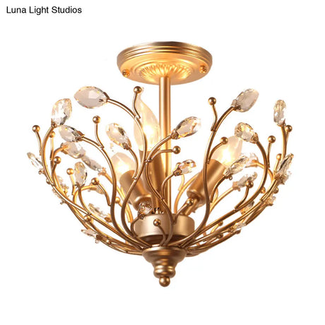 Contemporary 3-Light Gold Metal Branch Semi Flush Mount With Crystal Leaf