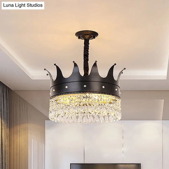 Modern Crown-Shaped Black Pendant Chandelier With Crystal Droplets - 4-Bulb Metal Suspension