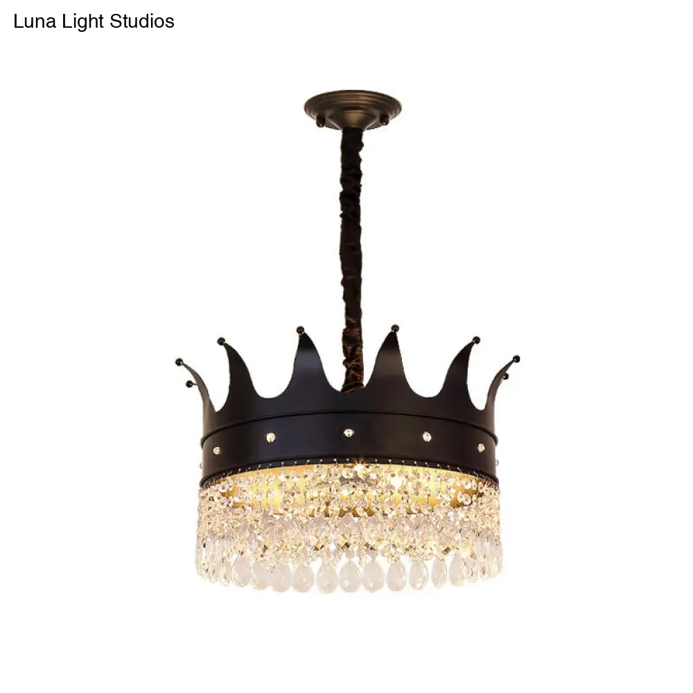 Modern Crown-Shaped Black Pendant Chandelier With Crystal Droplets - 4-Bulb Metal Suspension
