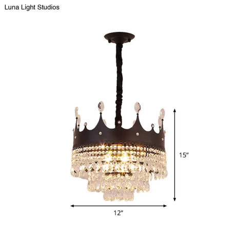 Contemporary 4-Bulb Black Pendant Chandelier With Crystal Droplet - Crown Shape Metal Suspension