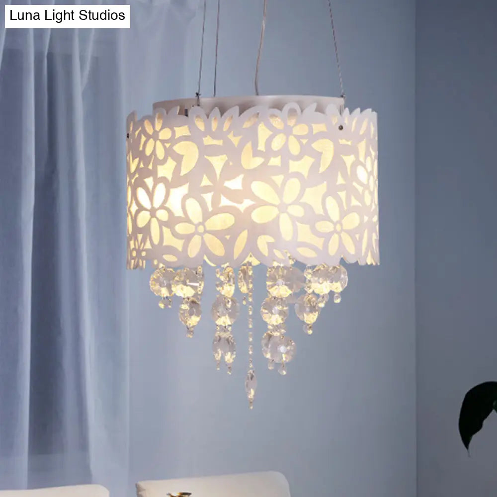 Contemporary Metal Chandelier With White Drum Shades And Crystal Droplets - 4-Headed Lighting