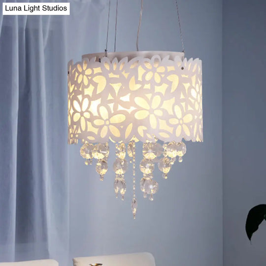 Contemporary Metal Chandelier With White Drum Shades And Crystal Droplets - 4-Headed Lighting