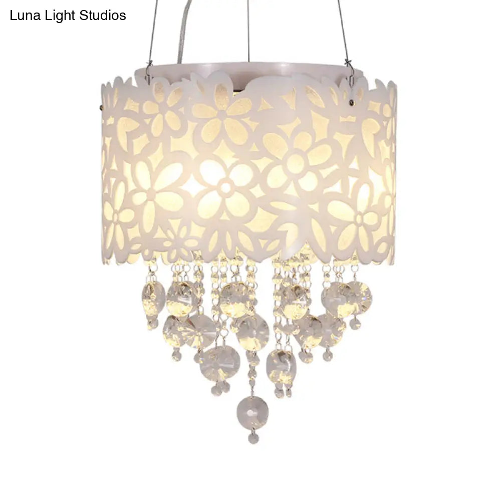 Contemporary Metal Chandelier With White Drum Shades And Crystal Droplets - 4-Headed Lighting